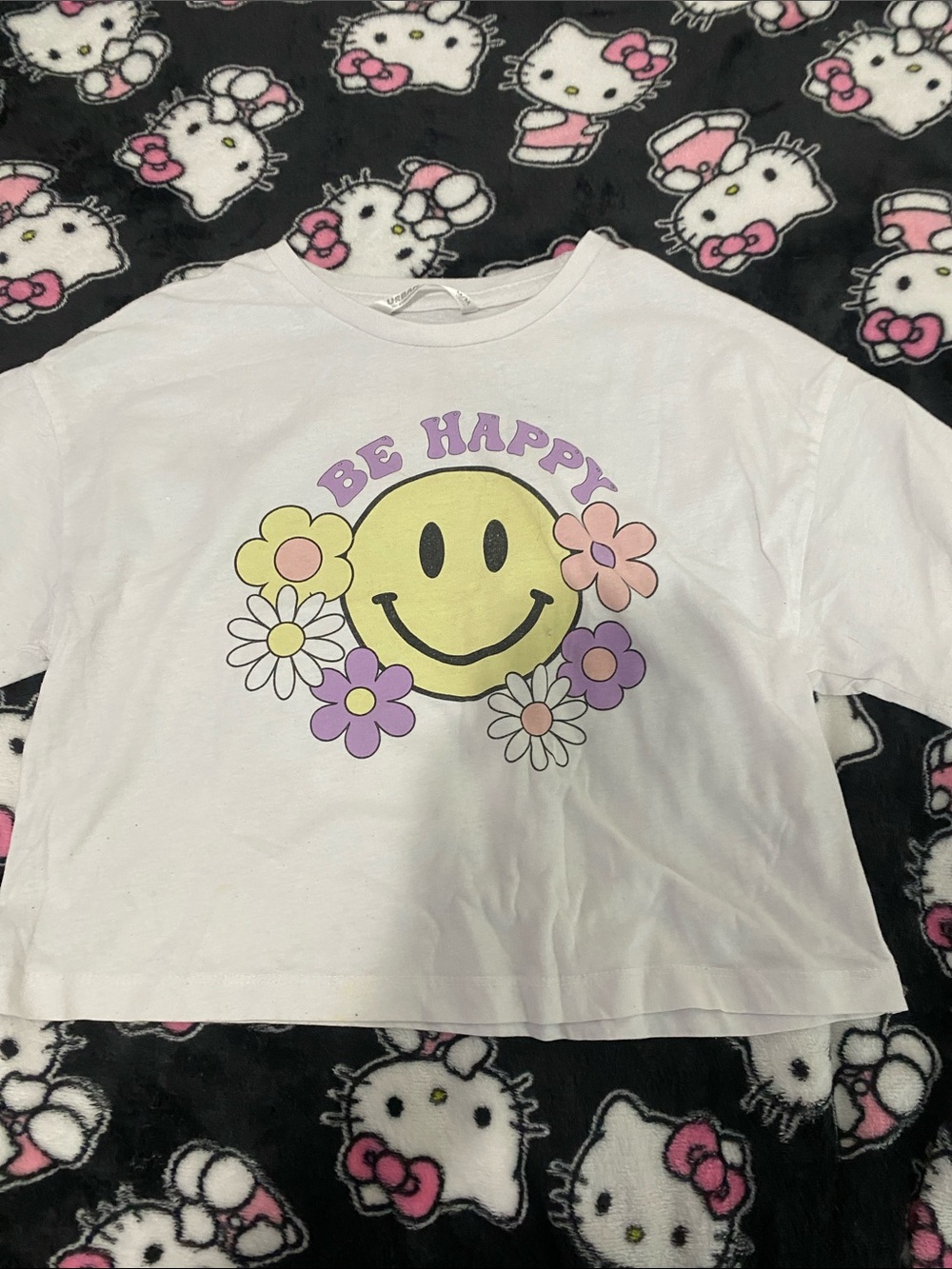 Urban Outfitters White Tee with Yellow Smiley & Pastel Flowers